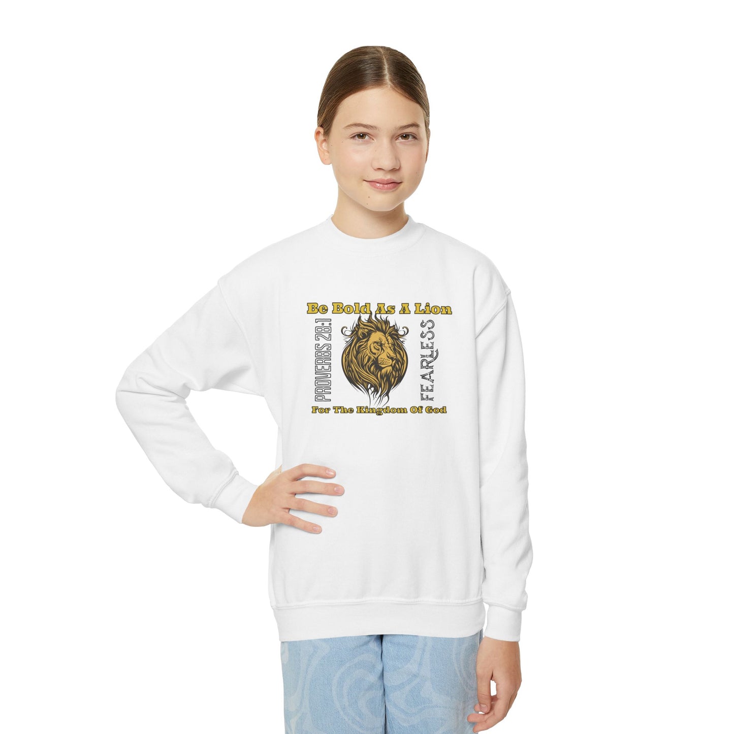 Be Bold As a Lion, Youth Crewneck Sweatshirt – Inspirational Christian Quote Graphic