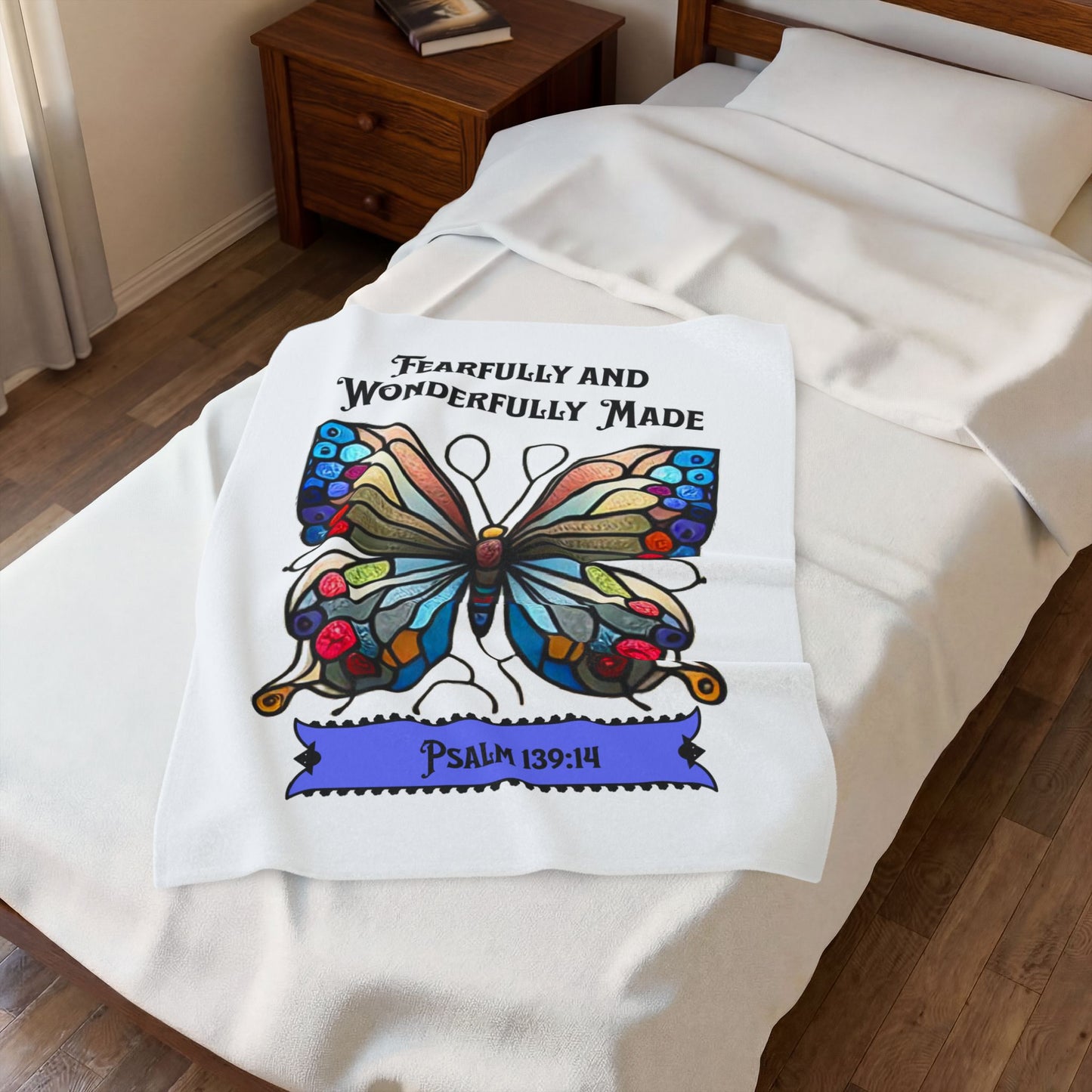 Velveteen Plush Blanket – "Fearfully and Wonderfully Made" Butterfly Psalm 139:14 Inspirational Throw