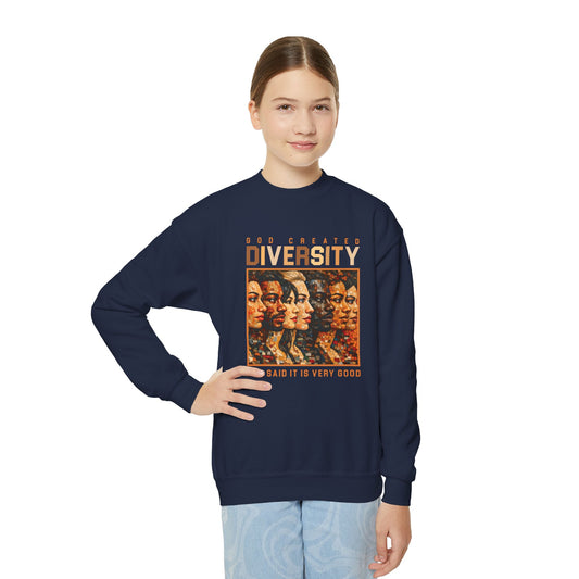God Created Diversity-Youth Crewneck Sweatshirt – Inspirational Christian Quote Graphic