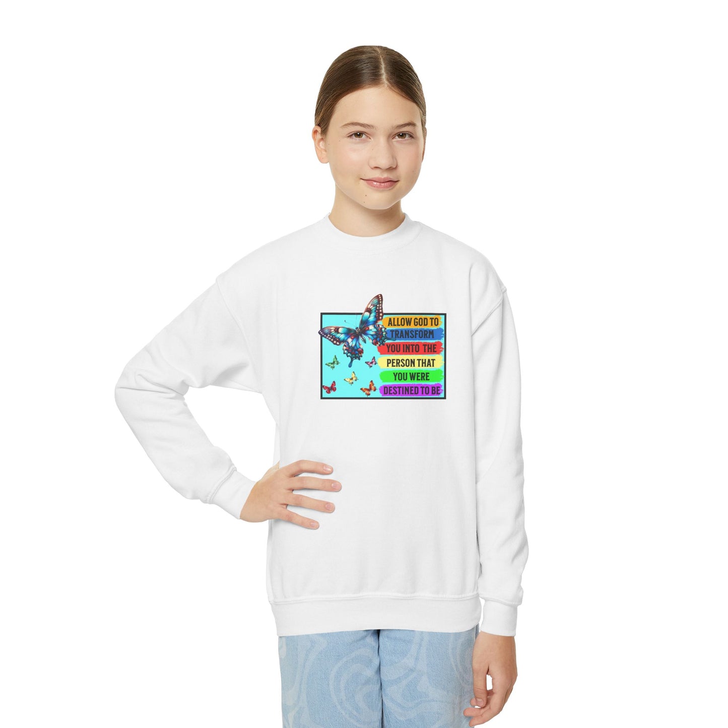 Allow God To Transform You, Youth Crewneck Sweatshirt – Inspirational Christian Quote Graphic