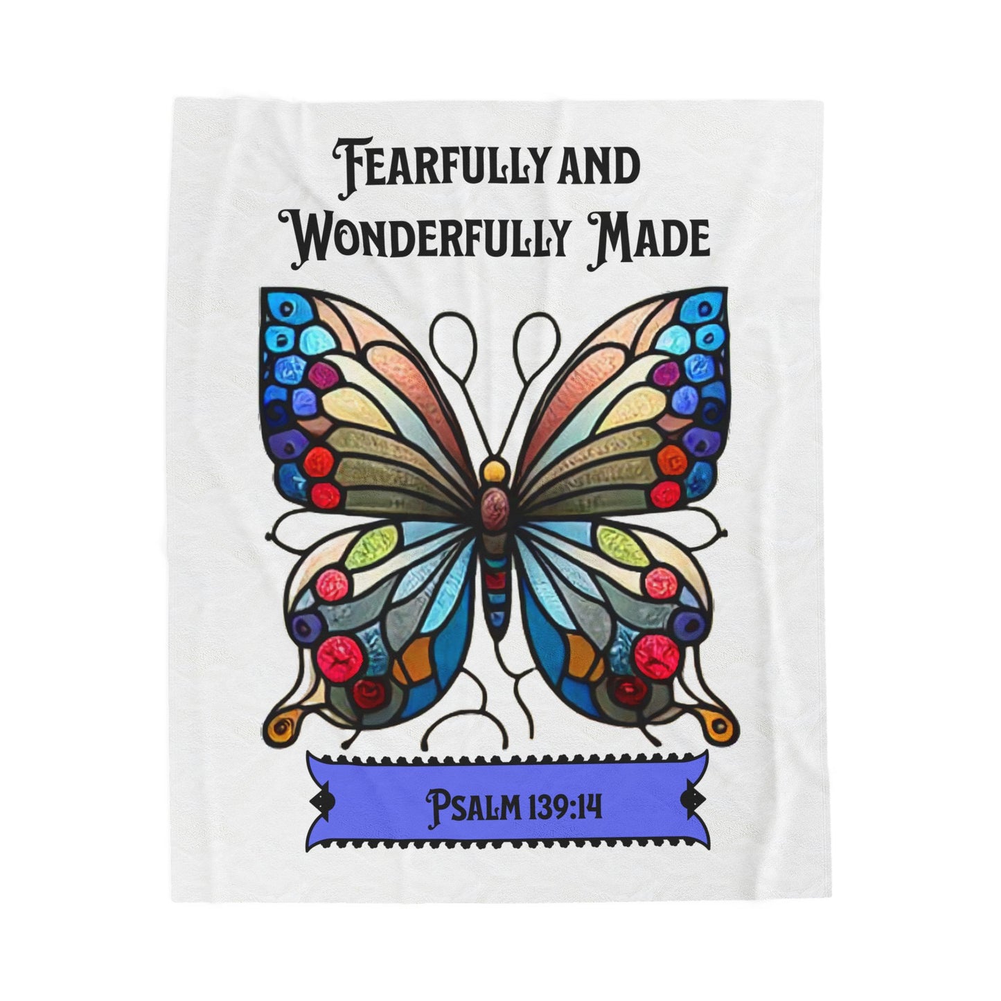 Velveteen Plush Blanket – "Fearfully and Wonderfully Made" Butterfly Psalm 139:14 Inspirational Throw