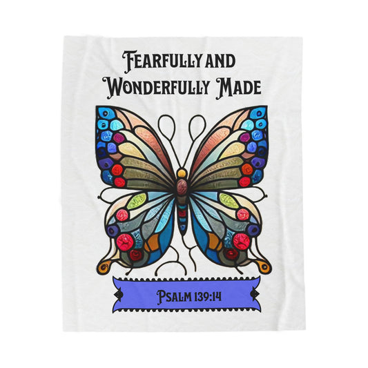 Velveteen Plush Blanket – "Fearfully and Wonderfully Made" Butterfly Psalm 139:14 Inspirational Throw