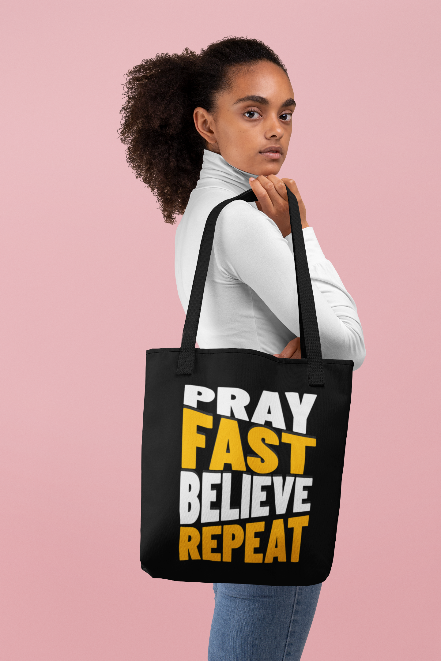 Pray-Fast-Believe-Repeat, Goat or Sheep (Black)?, Christian Tote Bag, Inspirational, Bible Faith