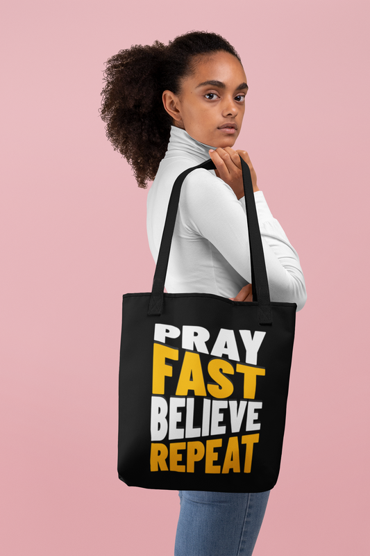 Pray-Fast-Believe-Repeat, Goat or Sheep (Black)?, Christian Tote Bag, Inspirational, Bible Faith