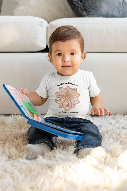 Infant Tee — "God Created Diversity and Said It Is Very Good" Floral Baby Shirt, Christian, Faith-Based