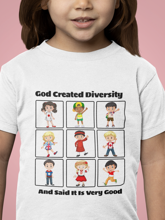 Kids Tee — "God Created Diversity" Cute Multicultural Children Graphic Shirt, Christian, Faith-Based