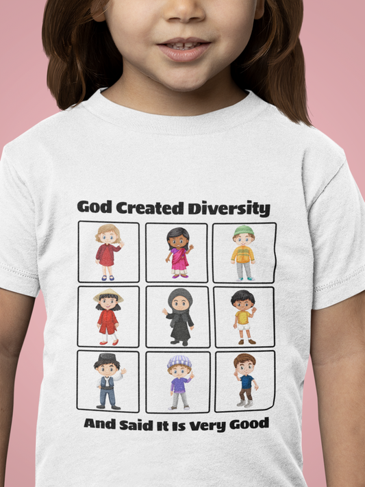 Kids Tee — "God Created Diversity" Cute Multicultural Children Graphic Shirt, Christian, Faith-Based