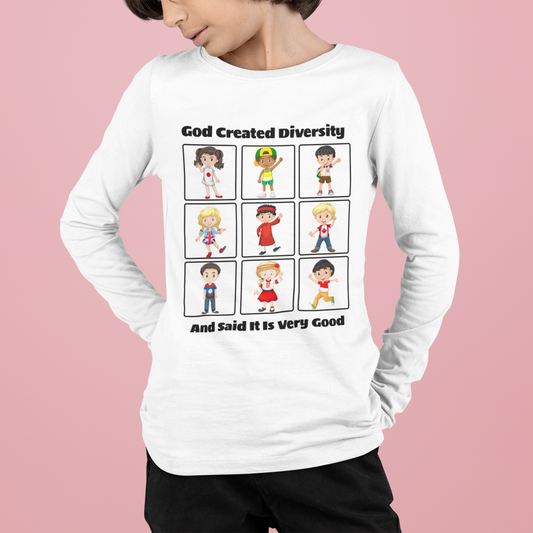 Youth Long Sleeve Tee — "God Created Diversity" Kids Multicultural Graphic Shirt, Christian, Faith-Based