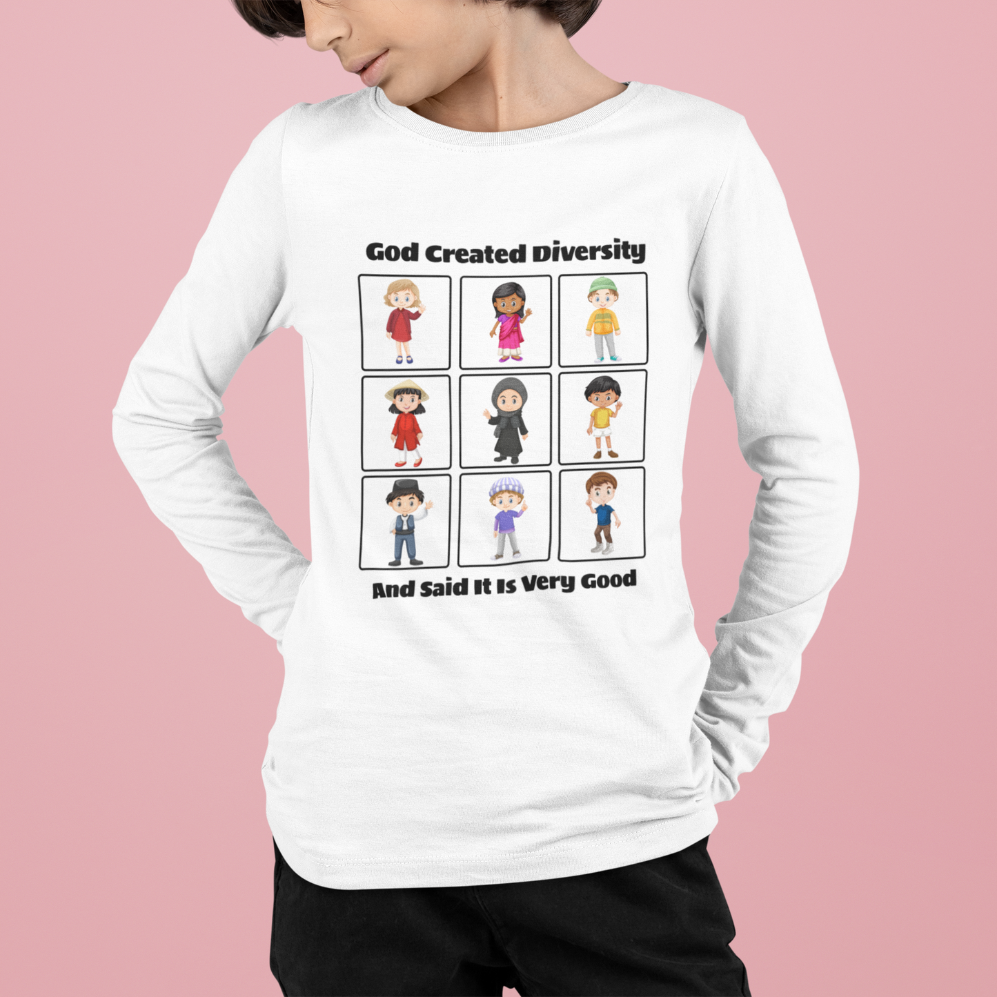 Youth Long Sleeve Tee — "God Created Diversity" Kids Multicultural Graphic Shirt, Christian, Faith-Based