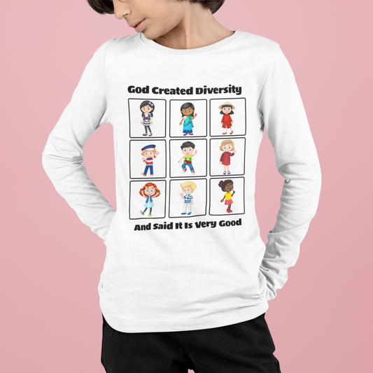 Youth Long Sleeve Tee — "God Created Diversity" Kids Multicultural Graphic Shirt, Christian, Faith-Based
