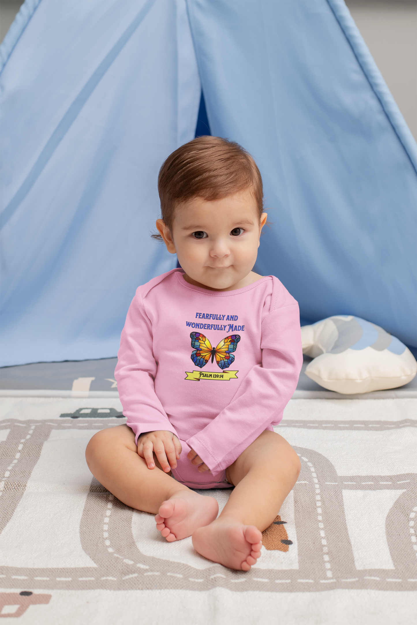 Fearfully and Wonderfully Made, Butterfly, Christian Infant Long Sleeve Onesie, Faith-Based