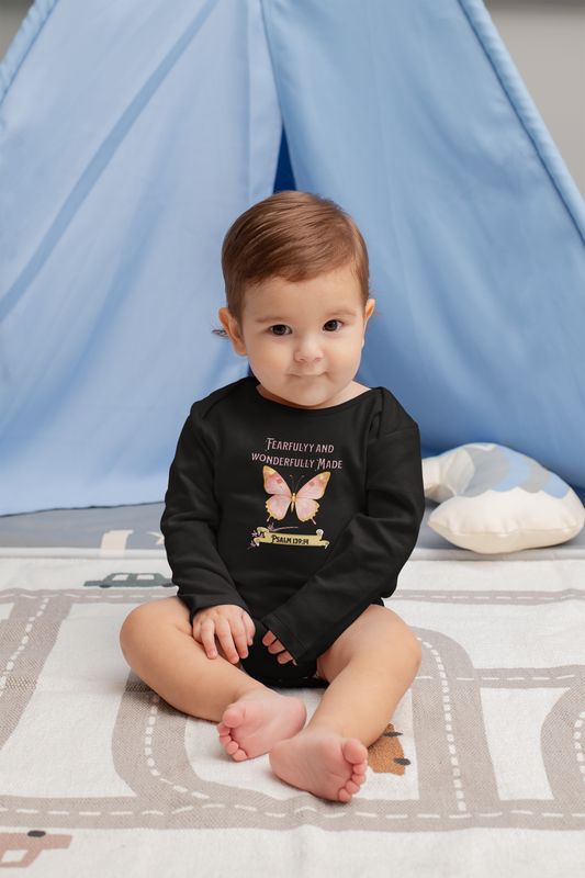 Fearfully and Wonderfully Made, Butterfly, Christian Infant Long Sleeve Onesie, Faith-Based