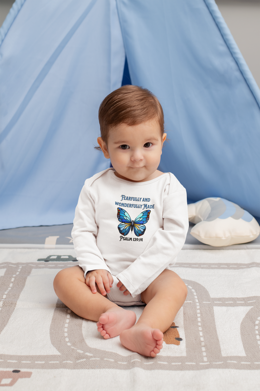 Fearfully and Wonderfully Made, Butterfly, Christian Infant Long Sleeve Onesie, Faith-Based