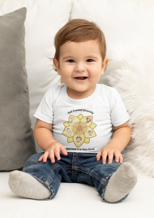 Infant Tee — "God Created Diversity and Said It Is Very Good" Floral Design, Christian, Faith-Based