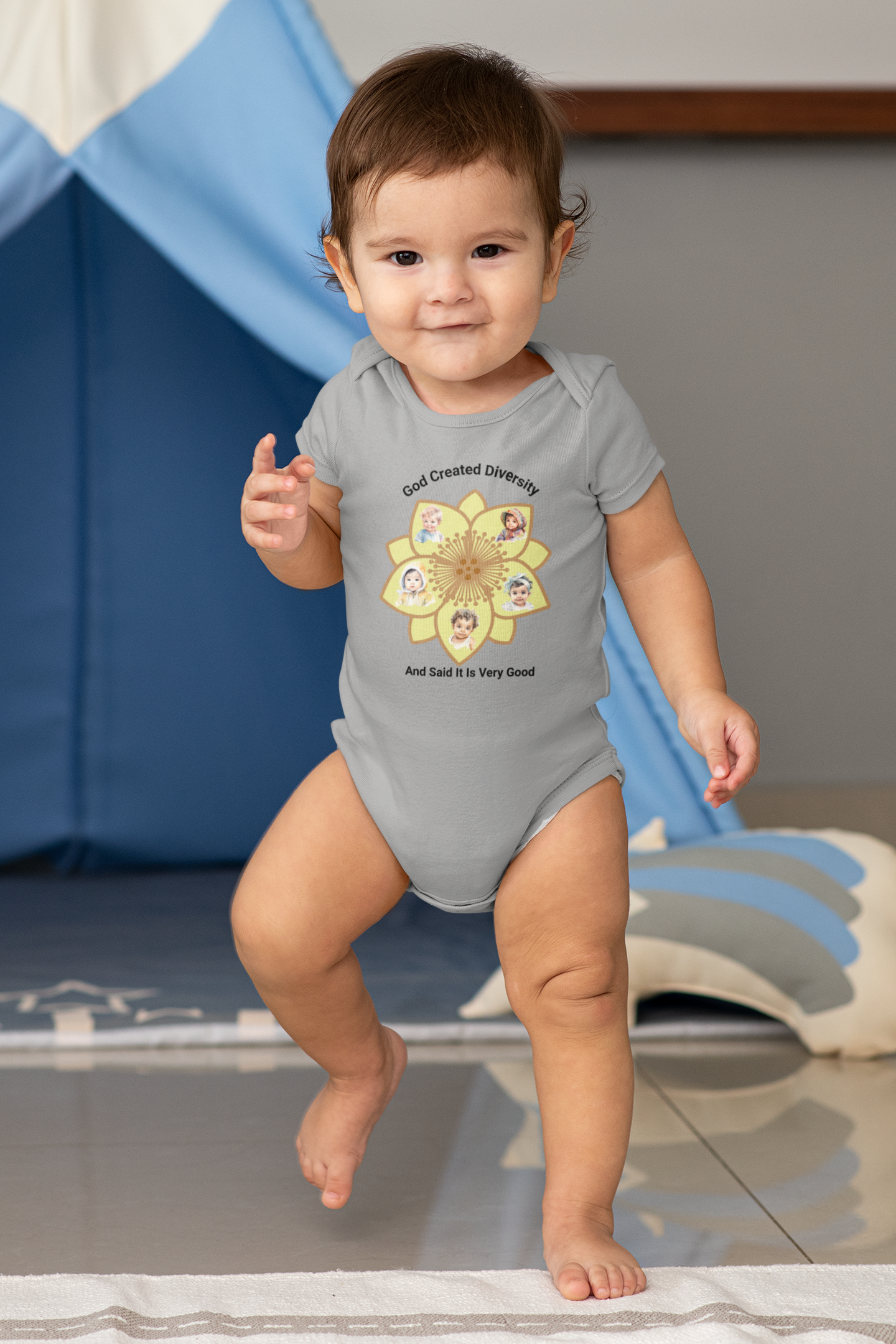 Baby Bodysuit — "God Created Diversity" Floral Design, Christian, Faith-Based