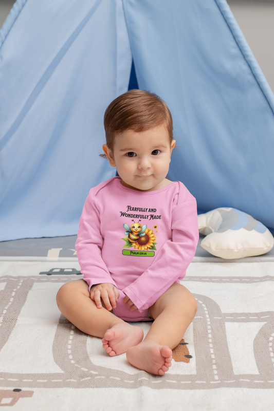 Fearfully and Wonderfully Made, Butterfly, Christian Infant Long Sleeve Onesie, Faith-Based, Bubble Bee