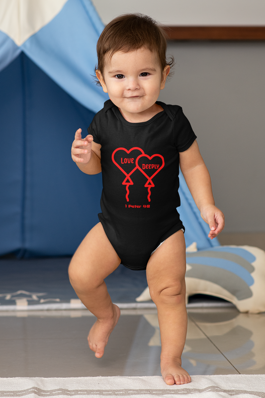 Love Deeply- Baby Onesie, Faith-Based, Hearts