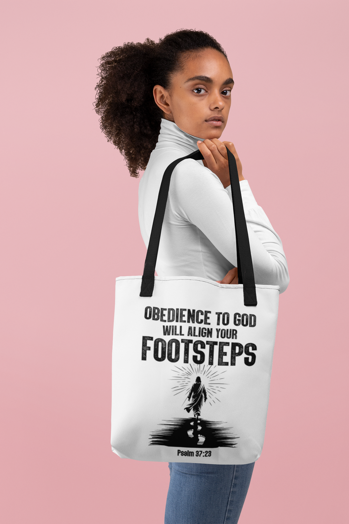 Obedience To God Will Align Footsteps, Christian Tote Bag, Inspirational, Bible Faith