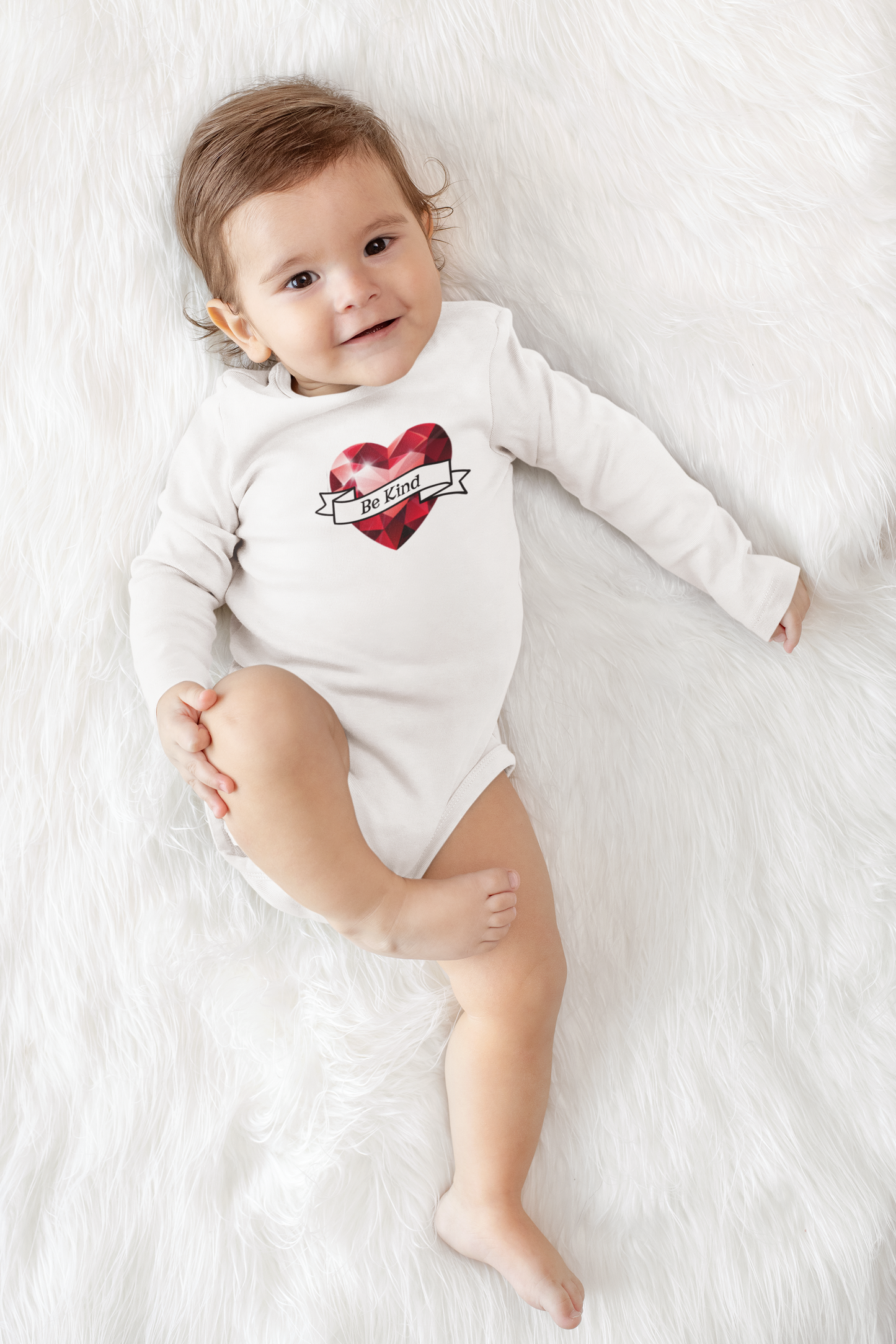 Be Kind Heart Infant Bodysuit — Long Sleeve Baby Onesie with Red Gem Heart-Faith, Christian