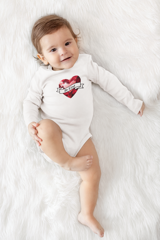 Be Kind Heart Infant Bodysuit — Long Sleeve Baby Onesie with Red Gem Heart-Faith, Christian