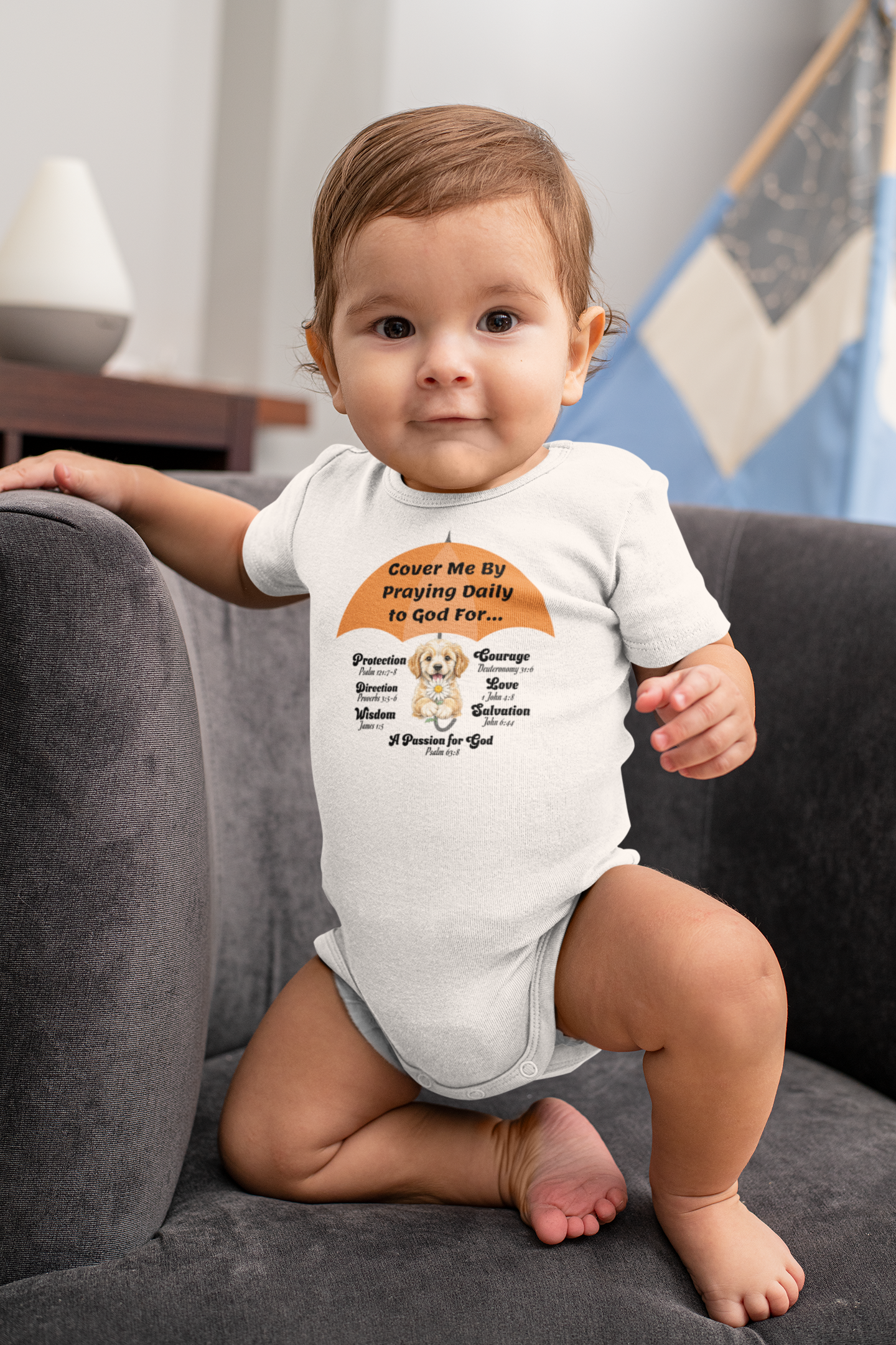Cover Me By Praying Daily, Baby Onesie, Faith-Based, Puppy