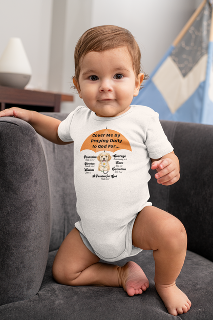 Cover Me By Praying Daily, Baby Onesie, Faith-Based, Puppy