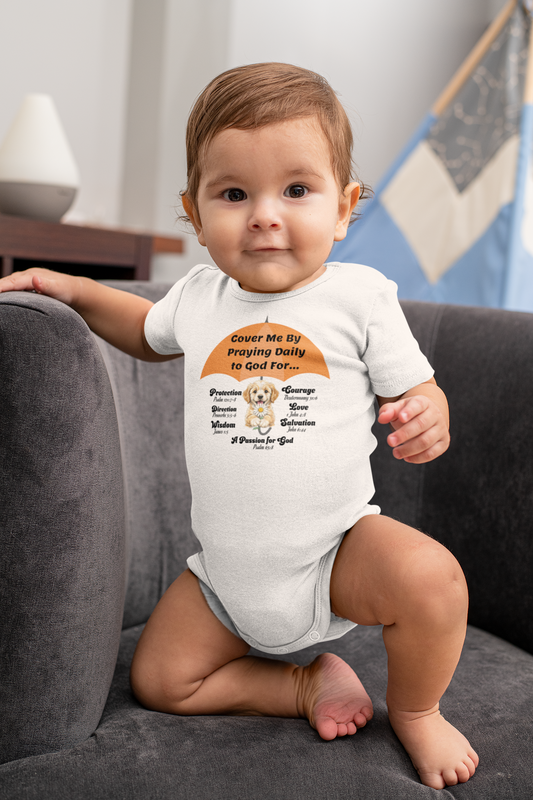Cover Me By Praying Daily, Baby Onesie, Faith-Based, Puppy