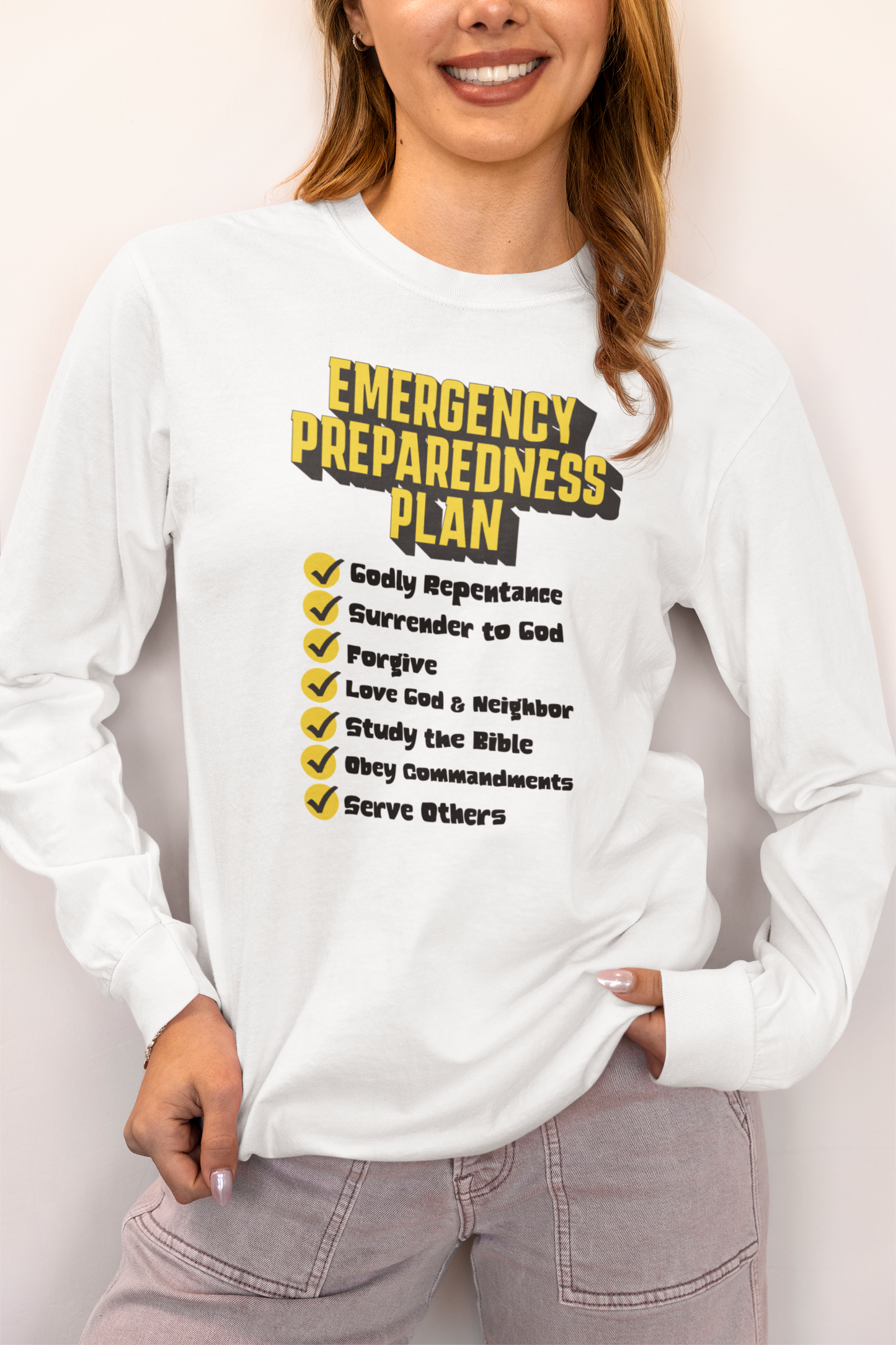 Emergency Preparedness Plan, Long Sleeve Tee — Faith-Based Christian Message Shirt