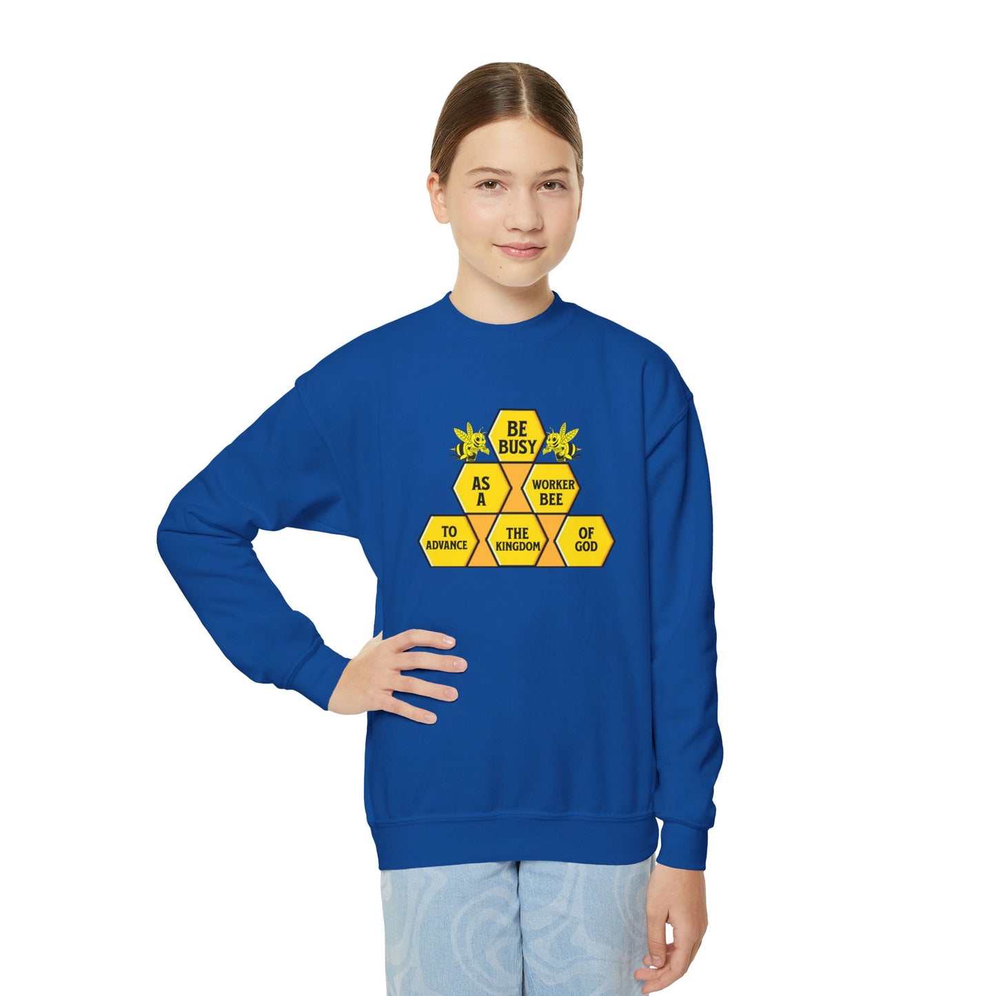 Be Busy As A Bee, Youth Crewneck Sweatshirt – Inspirational Christian Quote Graphic