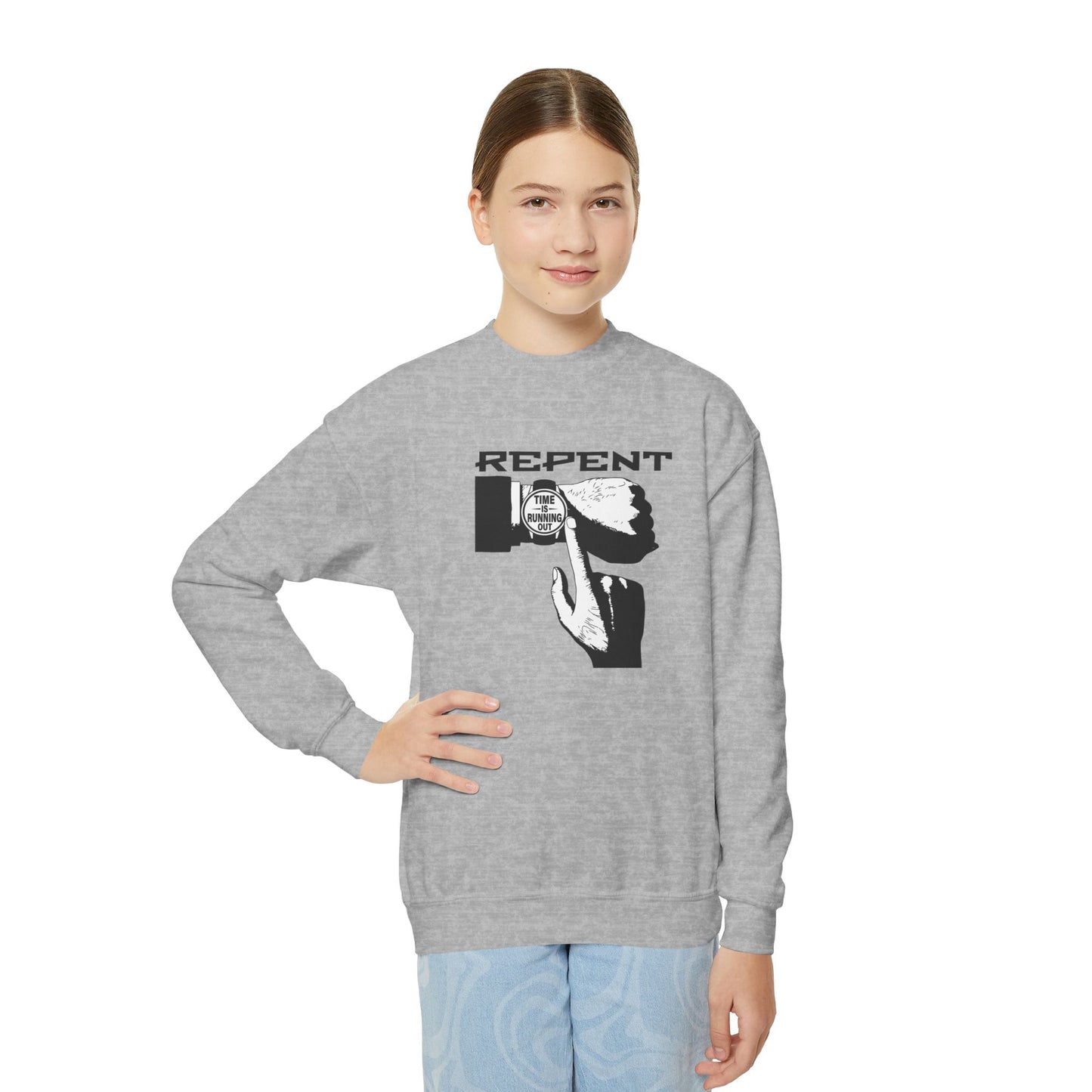 Repent Time is Running Out, Youth Crewneck Sweatshirt – Inspirational Christian Quote Graphic