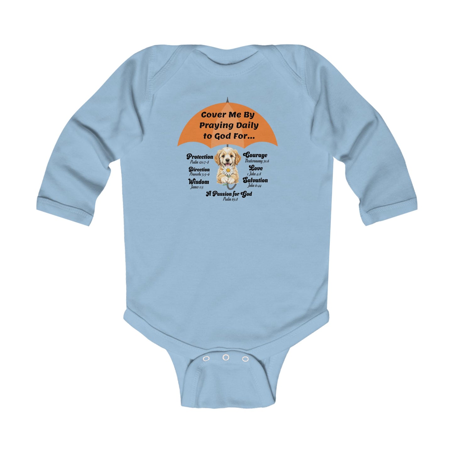Baby Bodysuit - "Cover Me By Praying Daily", Puppy, Christian Infant Long Sleeve Onesie, Faith-Based