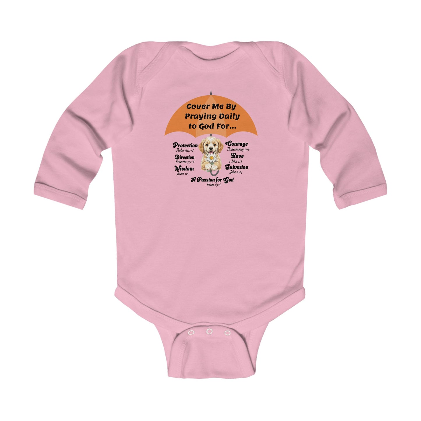 Baby Bodysuit - "Cover Me By Praying Daily", Puppy, Christian Infant Long Sleeve Onesie, Faith-Based