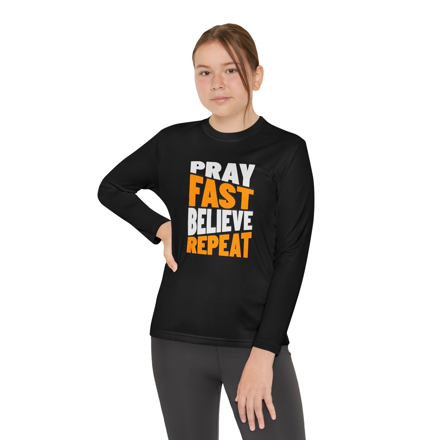 Pray-Fast-Believe-Repeat, Youth Long Sleeve Tee — Christian, Faith-Based
