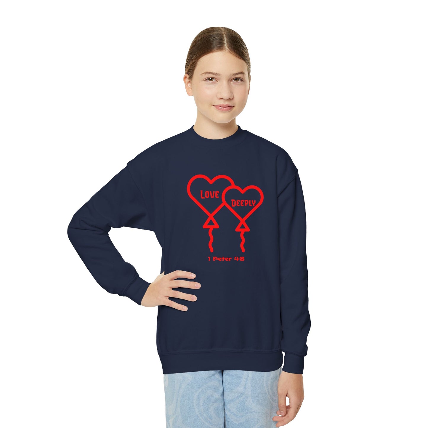 Love Deeply, Youth Crewneck Sweatshirt – Inspirational Christian Quote Graphic