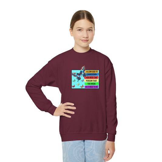 Allow God To Transform You, Youth Crewneck Sweatshirt – Inspirational Christian Quote Graphic