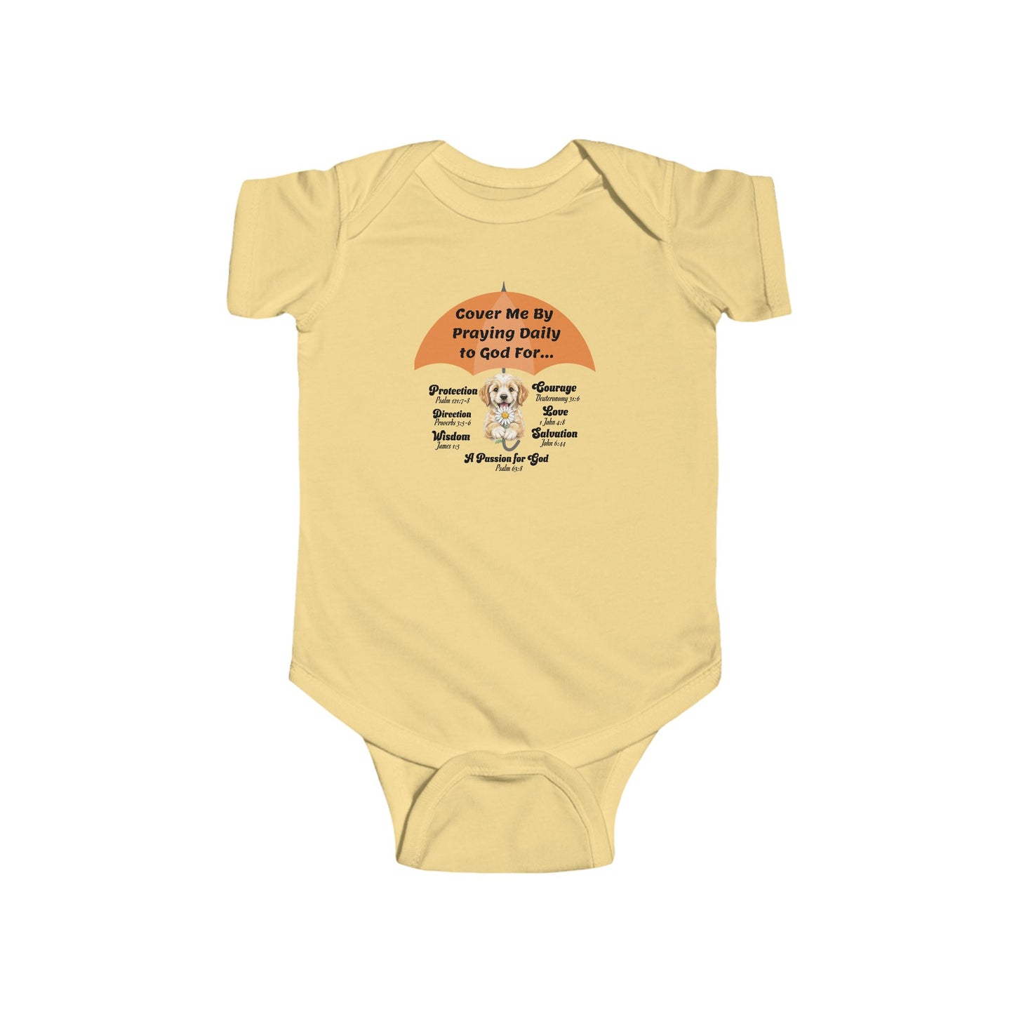 Cover Me By Praying Daily, Baby Onesie, Faith-Based, Puppy