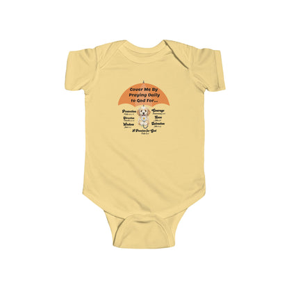 Cover Me By Praying Daily, Baby Onesie, Faith-Based, Puppy