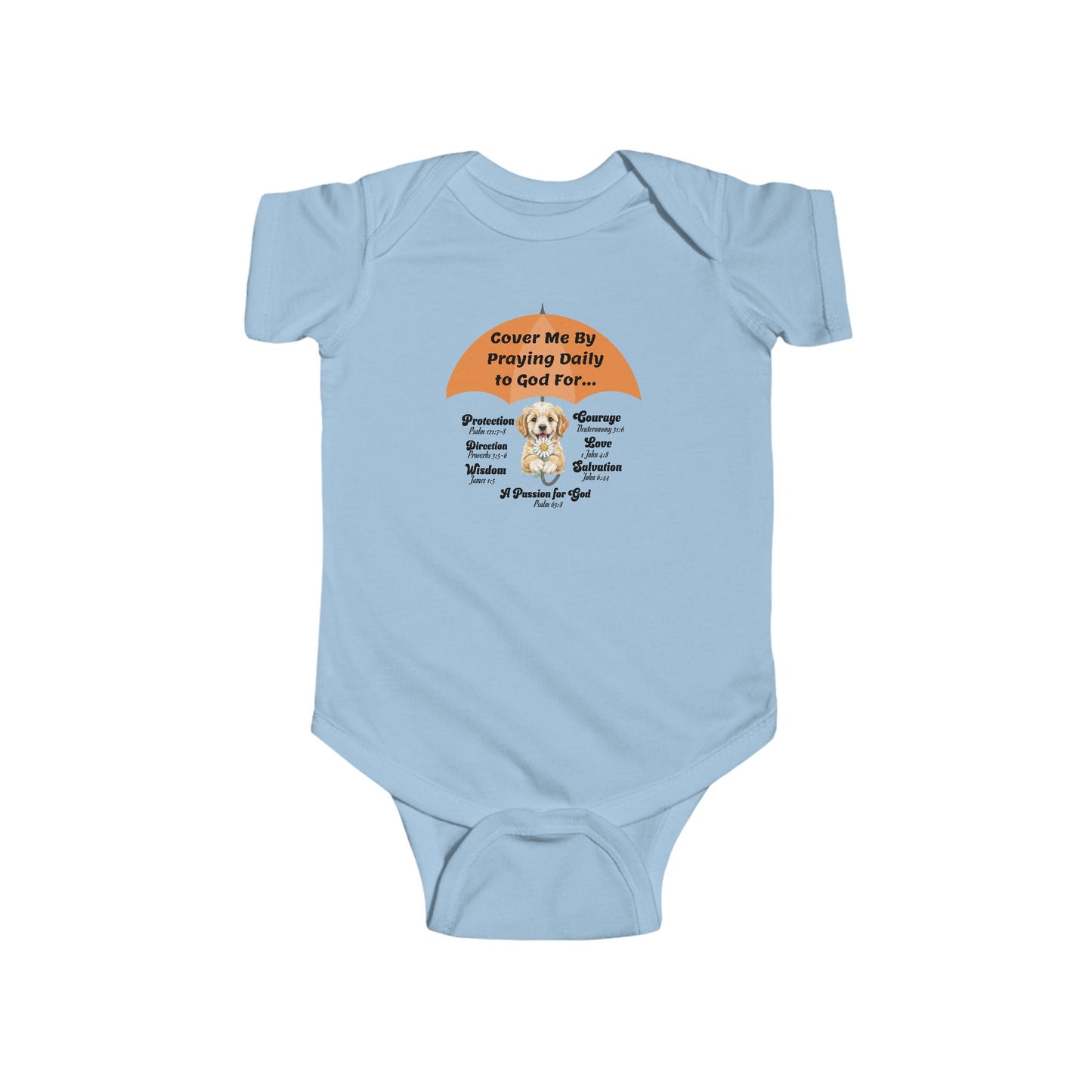 Cover Me By Praying Daily, Baby Onesie, Faith-Based, Puppy