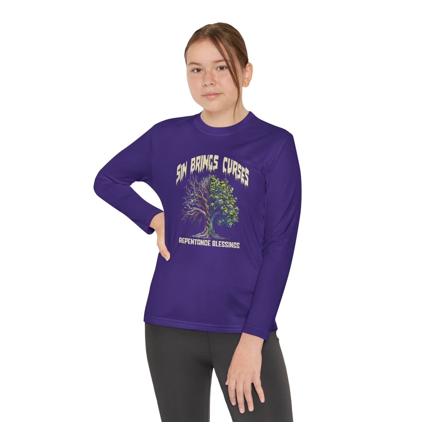 Sin Brings Curses-Repentance Blessings, Youth Long Sleeve Tee — Christian, Faith-Based