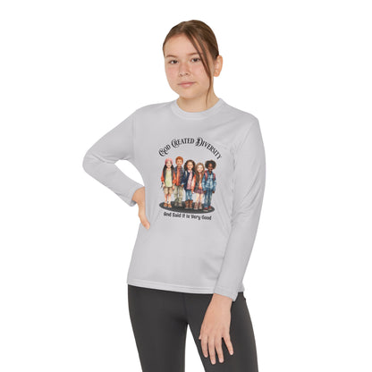 Youth Long Sleeve Tee — "God Created Diversity" Graphic Kids Shirt, Christian, Faith-Based