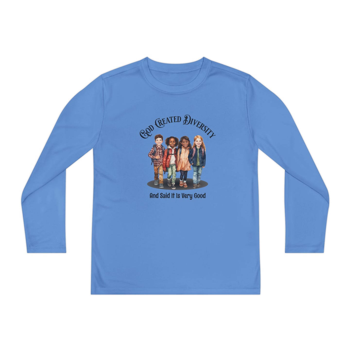 Youth Long Sleeve Tee — "God Created Diversity" Graphic Kids Shirt, Christian, Faith-Based