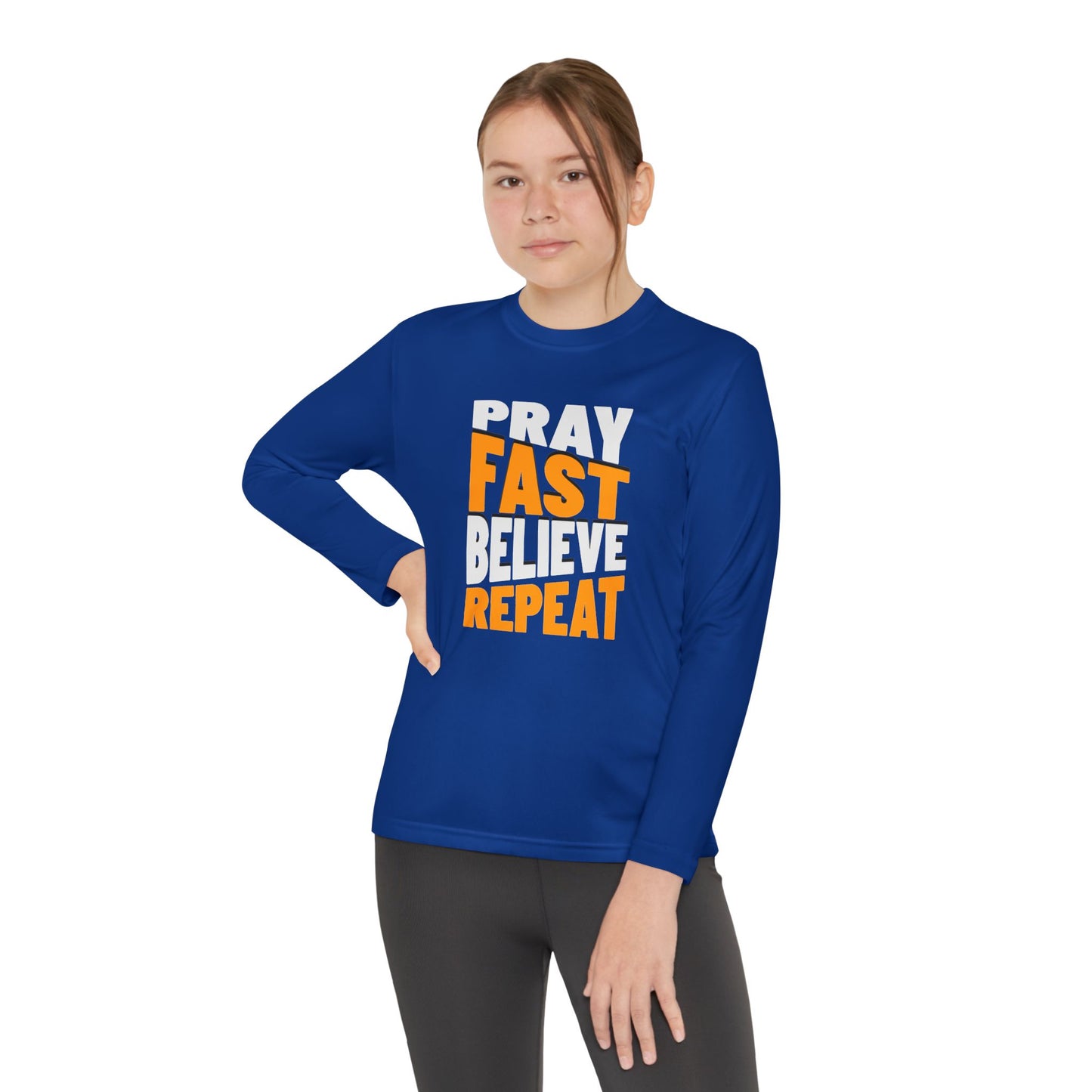 Pray-Fast-Believe-Repeat, Youth Long Sleeve Tee — Christian, Faith-Based