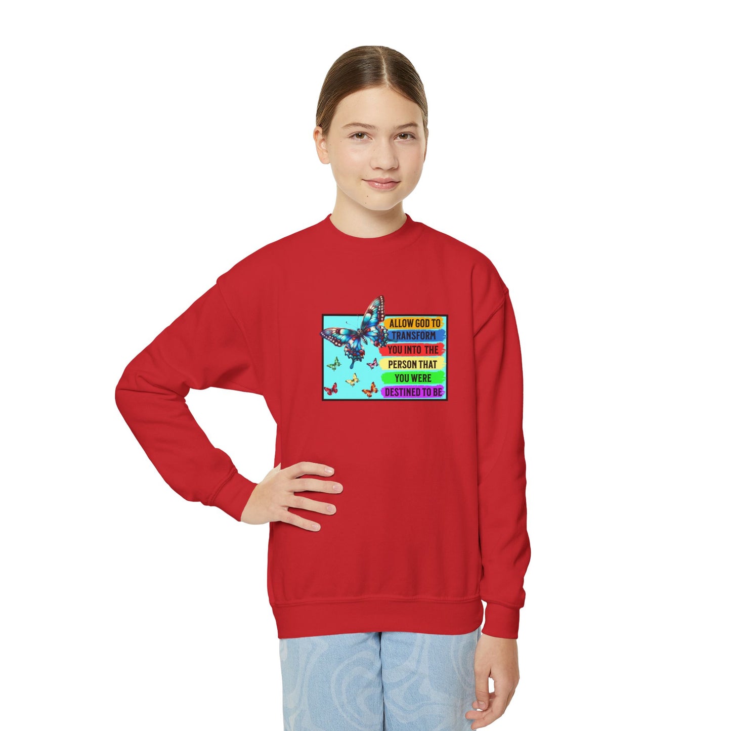 Allow God To Transform You, Youth Crewneck Sweatshirt – Inspirational Christian Quote Graphic