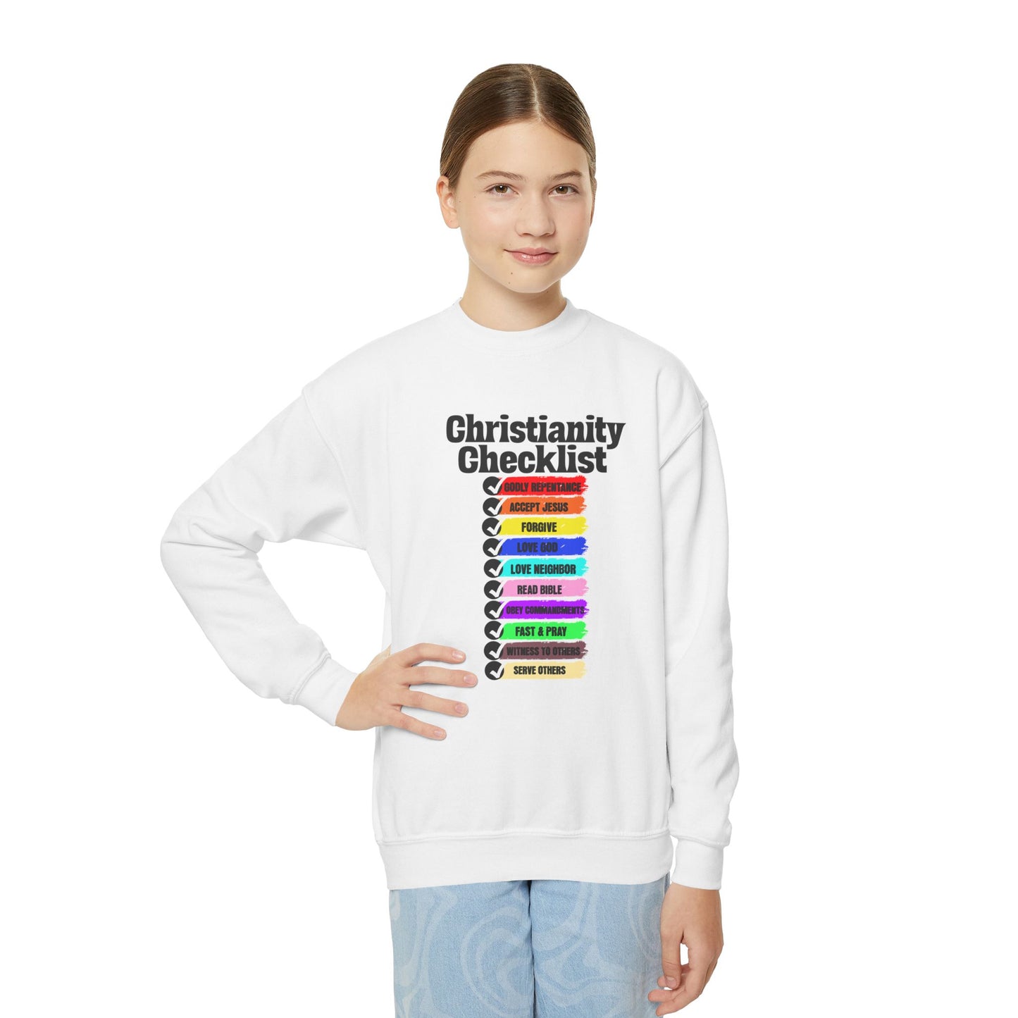 Christianity Checklist, Youth Crewneck Sweatshirt – Inspirational Christian Quote Graphic