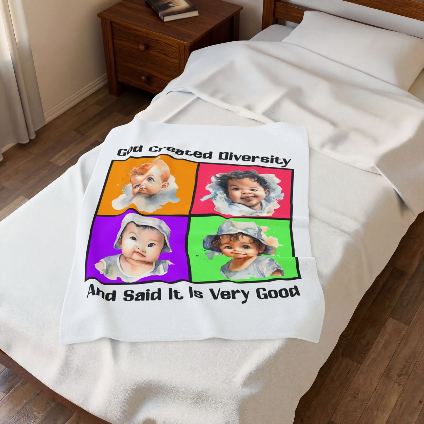 Velveteen Plush Blanket — "God Created Diversity" Mosaic Portrait Throw