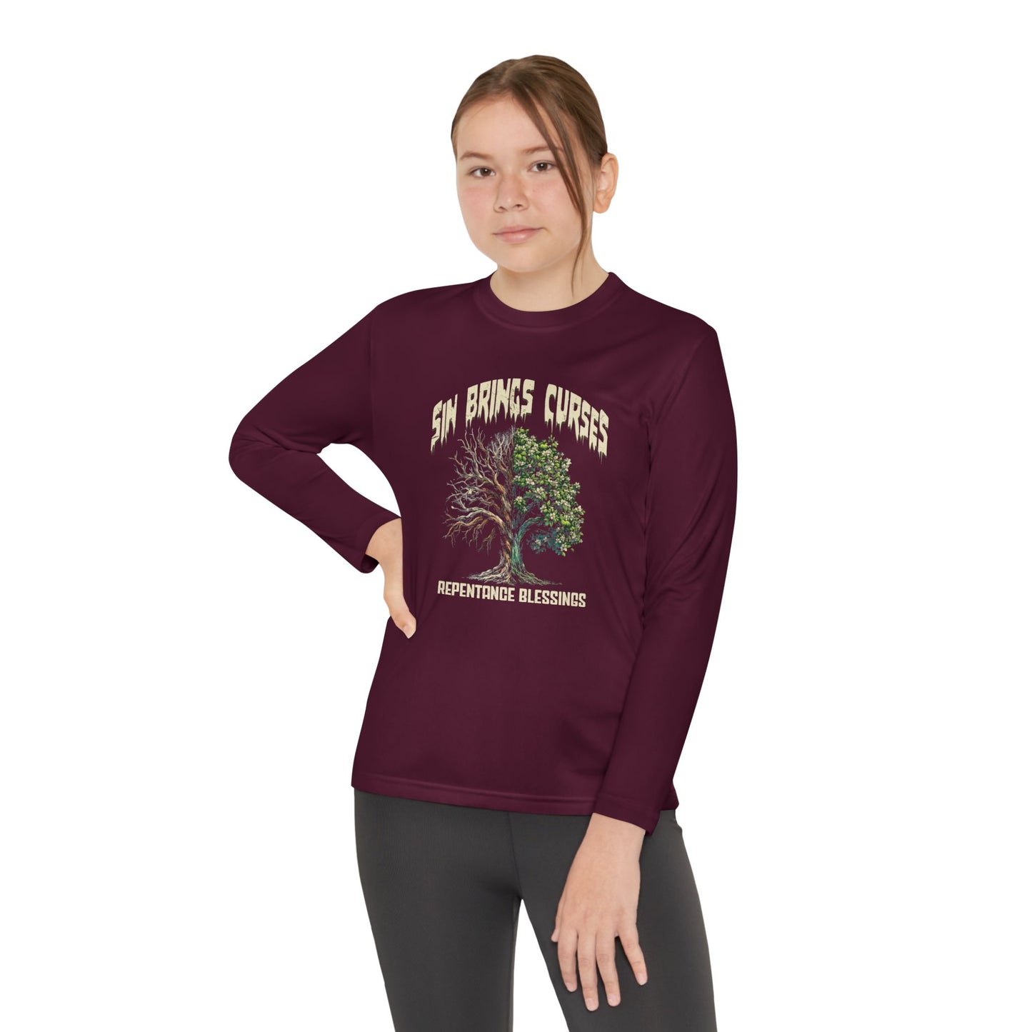 Sin Brings Curses-Repentance Blessings, Youth Long Sleeve Tee — Christian, Faith-Based