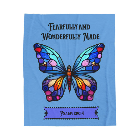 Velveteen Plush Blanket — "Fearfully and Wonderfully Made" Butterfly Psalm 139:14 Plush Throw