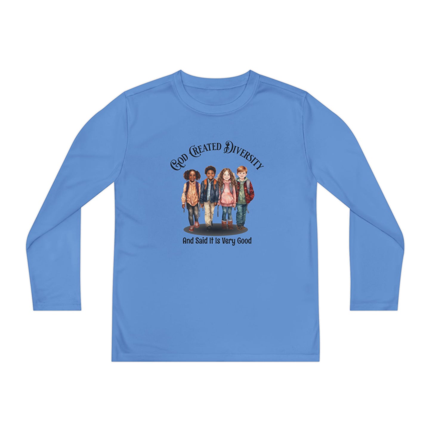 Youth Long Sleeve Tee — "God Created Diversity" Graphic Kids Shirt, Christian, Faith-Based