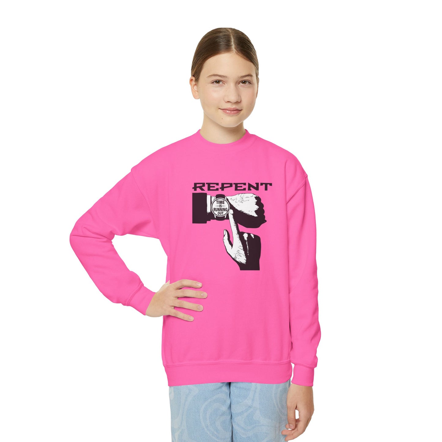Repent Time is Running Out, Youth Crewneck Sweatshirt – Inspirational Christian Quote Graphic