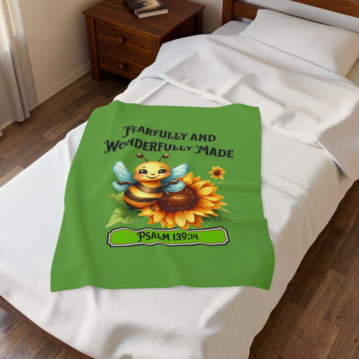 Velveteen Plush Blanket — "Fearfully and Wonderfully Made" Bee & Sunflower Psalm 139:14